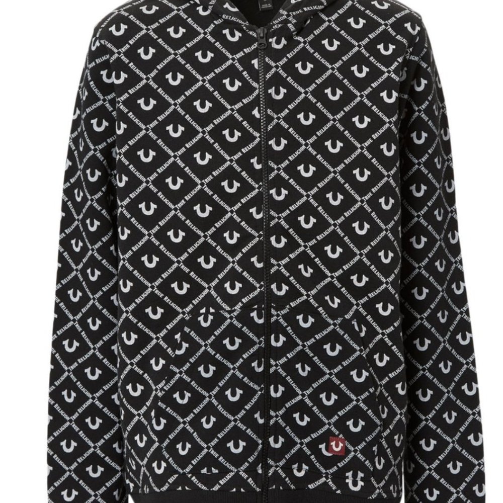 True Religion New Black & White Logo-Print Full Zip-Up Hoodie Youth MEDIUM - Picture 8 of 9